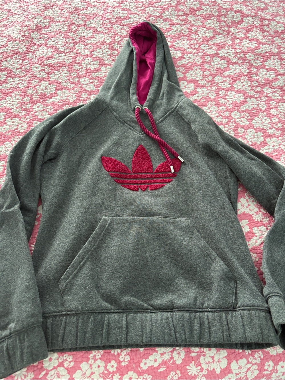 adidas Gray Hoodie with Pink Trefoil Accent
